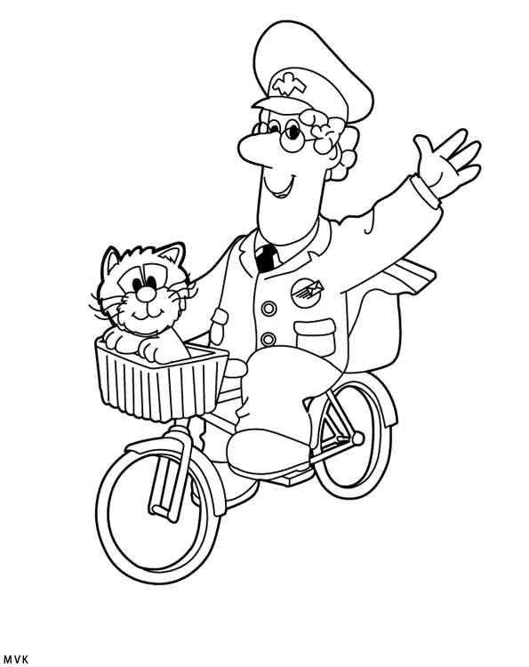 Druckfähiges Malbuch Postman Pat auf einem Fahrrad