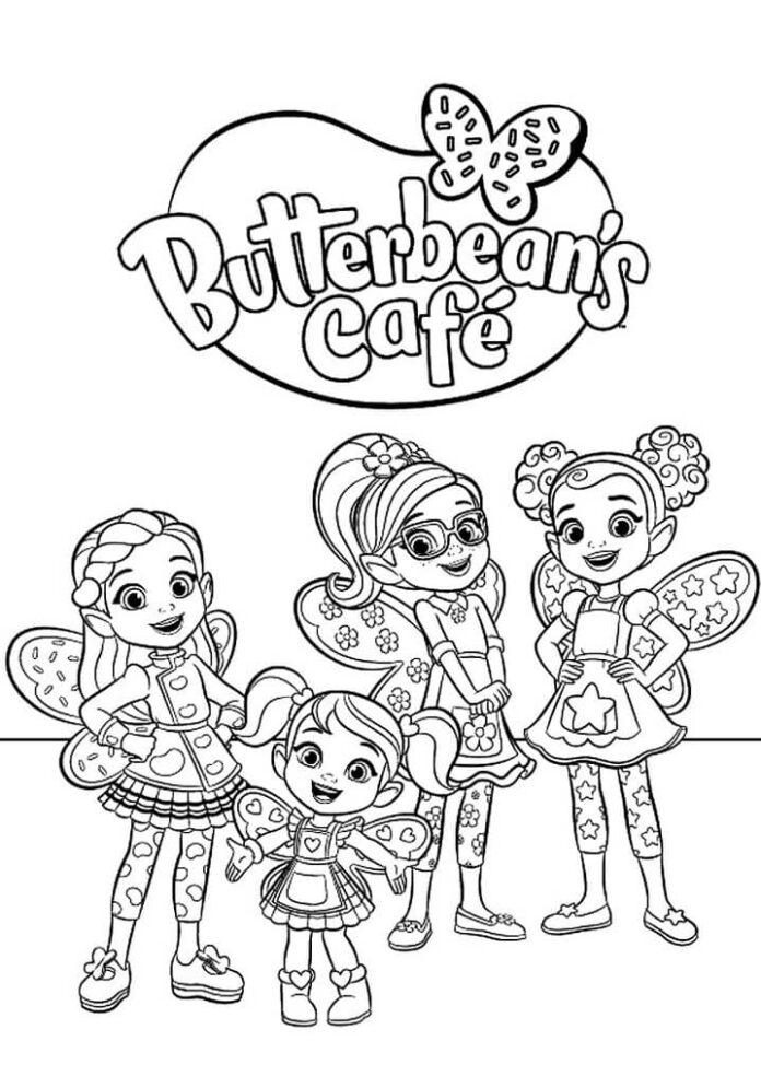 Libro da colorare con logo stampabile e ragazze del Butterbean's Cafe