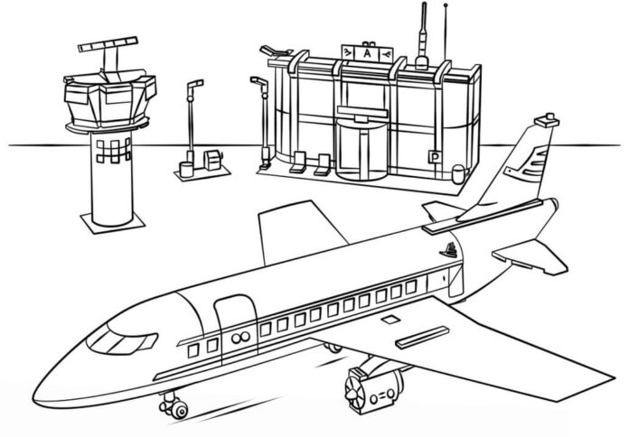 Livro para colorir o aeroporto da cidade de Lego e aviões