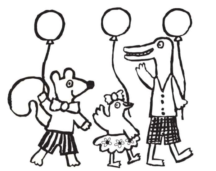 Printable coloring book of Maisy with balloons and friends