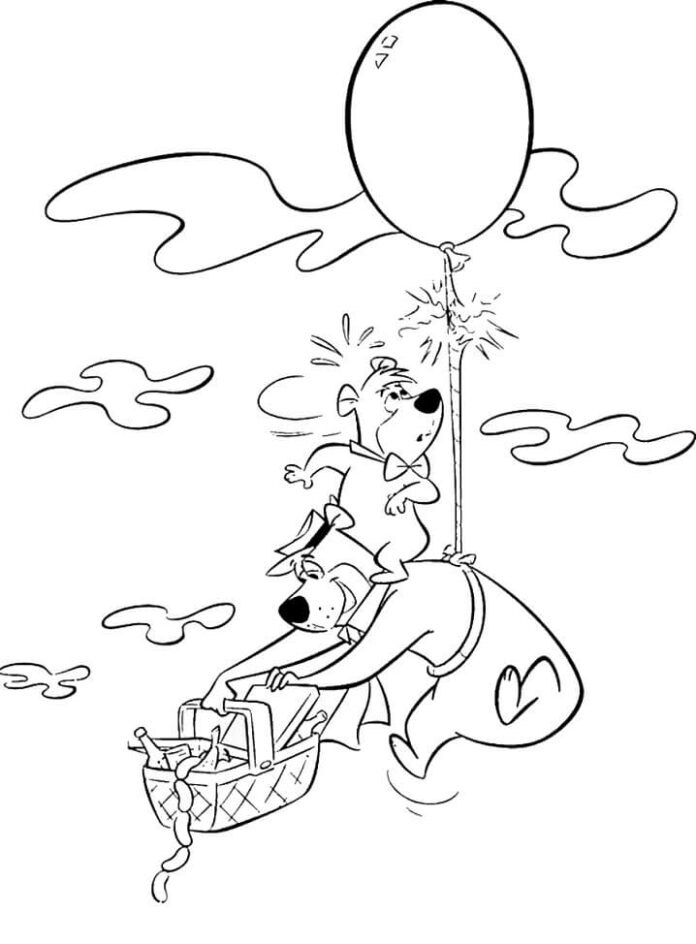 Színező könyv Yogi medve repül egy léggömb nyomtatható