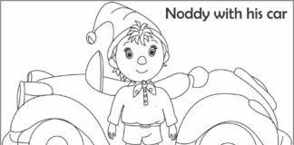 Druckfähiges Malbuch für Noddy und sein Auto