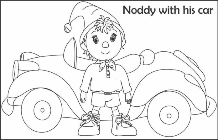 Farvelægningsbog til Noddy og hans bil, som kan udskrives
