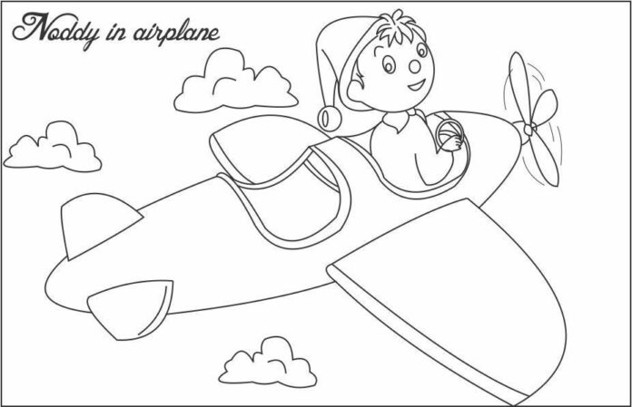 Színező könyv Noddy repül egy repülőgépen nyomtatásra