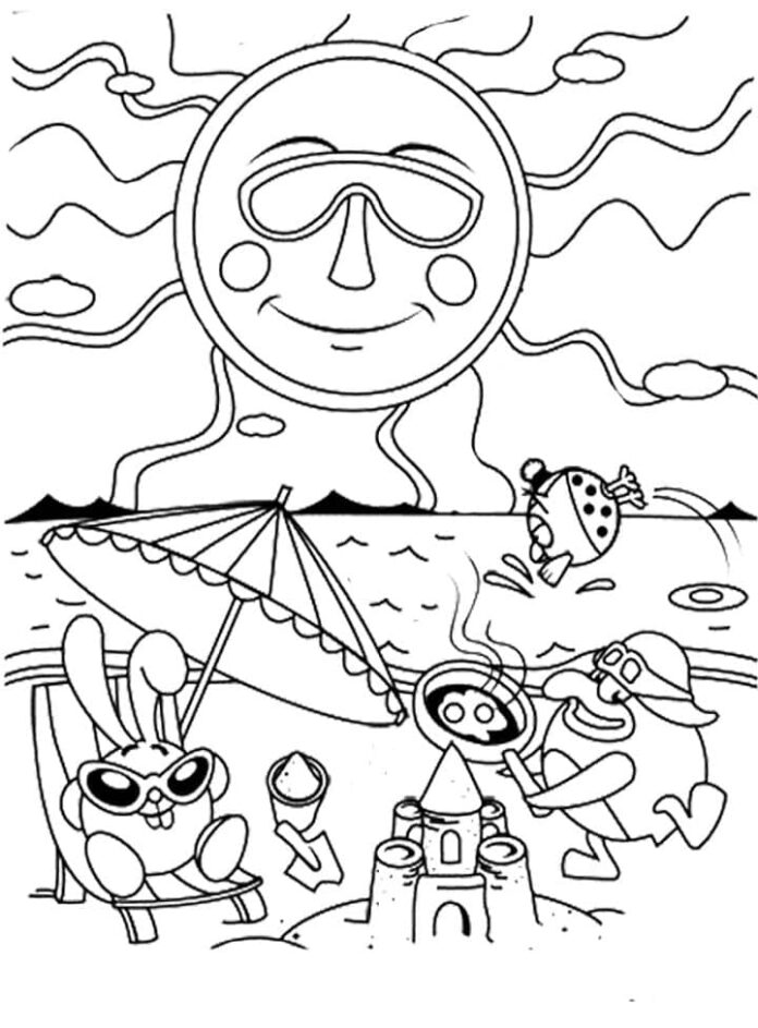 Livre de coloriage "Se reposer sur la plage" avec Kikoriki à imprimer