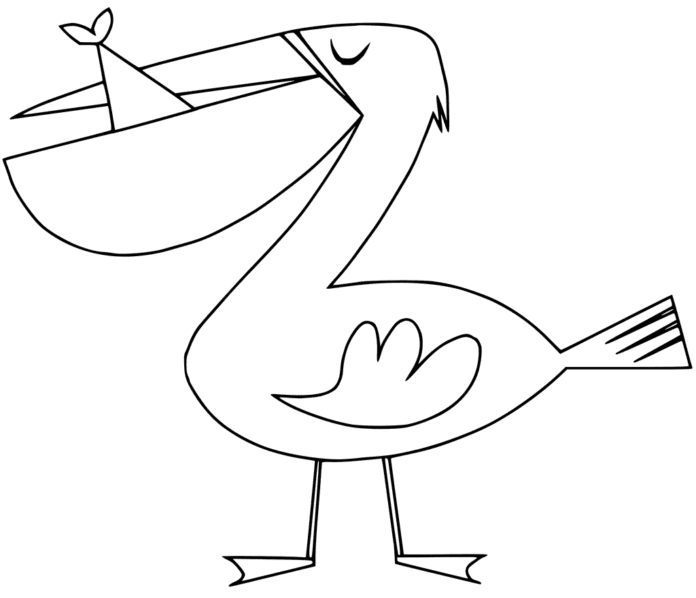 Printable coloring book Pelican eats fish for kids
