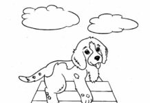 Livro colorido on-line Um cão sentado em uma casa de cão