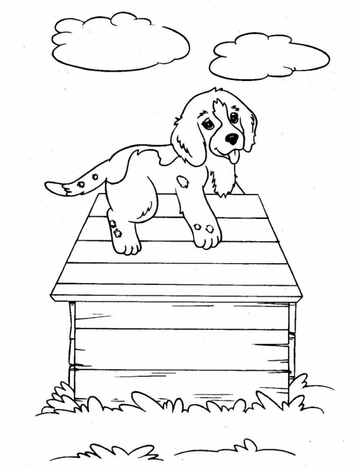 Libro para colorear en línea Un perro sentado en una caseta de perro