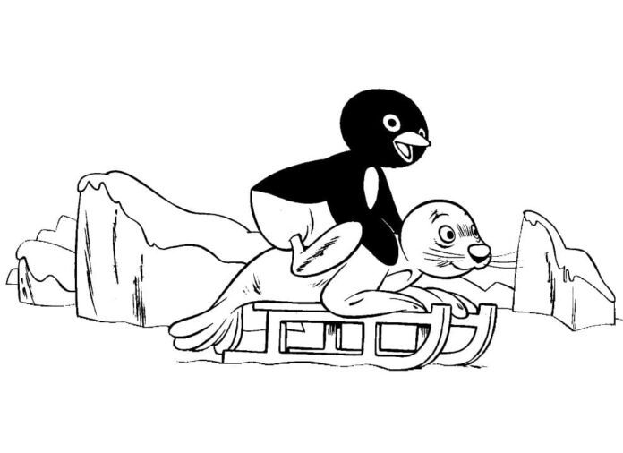 Malbuch Pingu und Schlittenfahren zum Ausdrucken