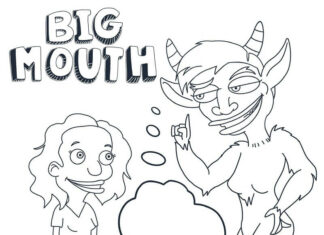 Färgbok med Big Mouth-figurer för barn att skriva ut