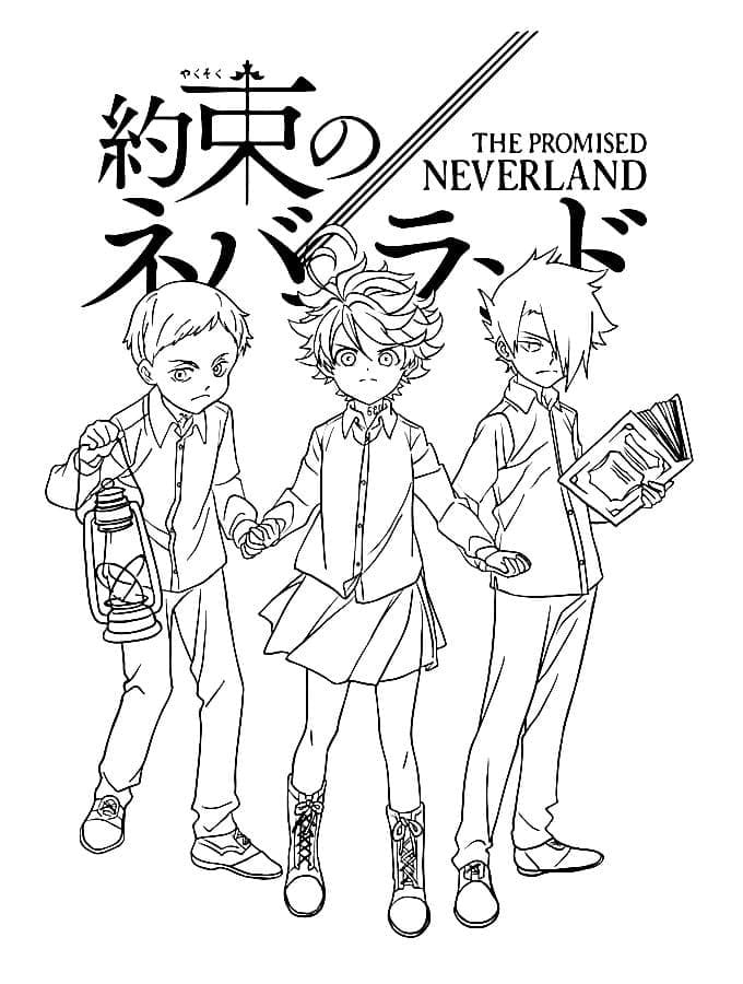 Libro para colorear Personajes de anime del País de Nunca Jamás prometido para imprimir