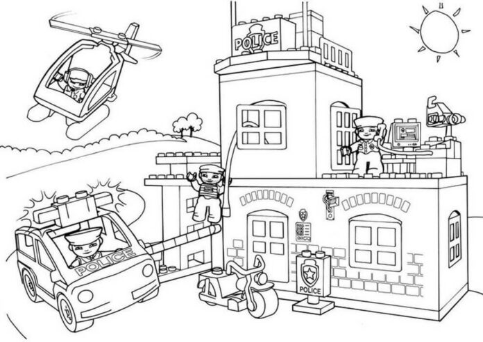 Libro da colorare della stazione di polizia e dei poliziotti di Lego City stampabile