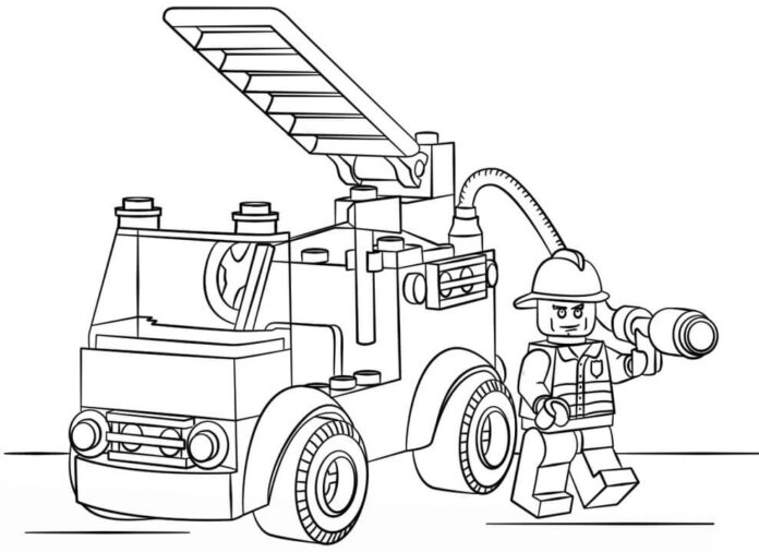 Livre de coloriage imprimable Camion de pompiers et pompier en lego
