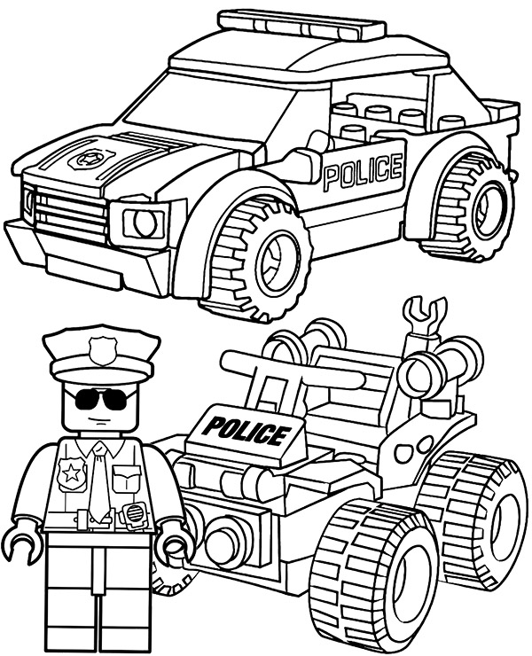 Kolorowanka Samochody Policyjne z Lego klocków do druku