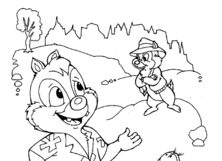 Nyomtatható kifestőkönyv a Chip és Dale és Bzyk rajzfilmek egy jelenetéről