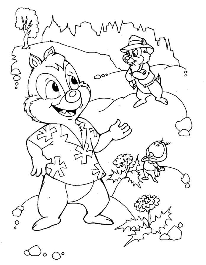 Libro da colorare stampabile di una scena dei cartoni animati Chip e Dale e Bzyk