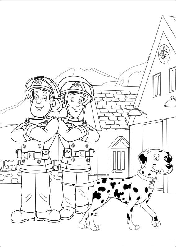 Farvelægningsbog til børn med en scene fra tegnefilmen Fireman Sam, som kan udskrives