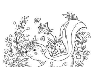 Tulostettava Skunk Sniffs Flowers värityskirja Värityskirja