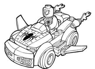 Livro para colorir o Homem-Aranha Lego em um carro imprimível para meninos