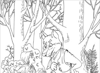 Livro colorido Um encontro entre o lobo e o Chapeuzinho Vermelho na floresta