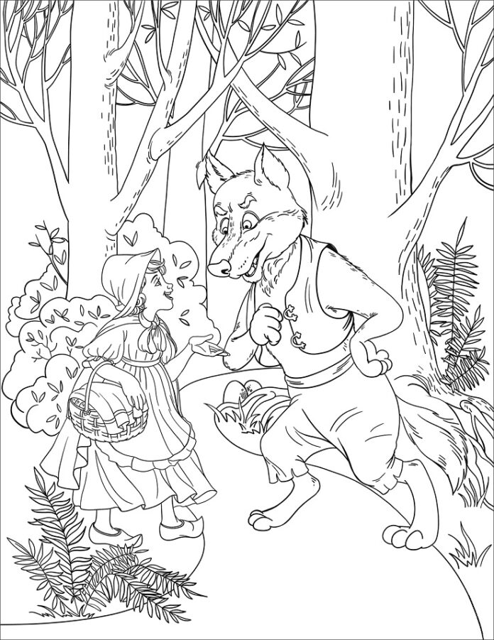 Libro da colorare L'incontro tra il lupo e Cappuccetto Rosso nel bosco