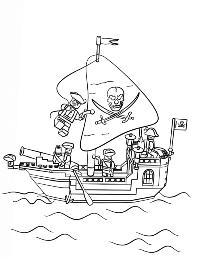 Druckbares Malbuch Piratenschiff mit Lego und Piraten