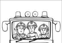 Coloring book Firefighters go to fire in fire truck printable