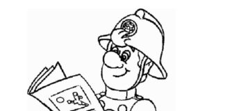 Coloring book Firefighter reads newspaper printable