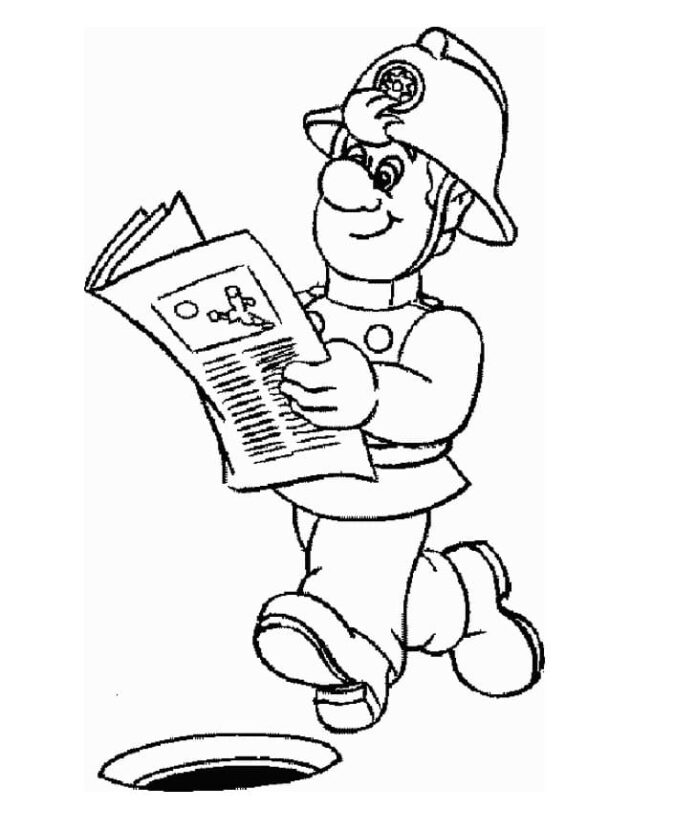 Libro da colorare Il pompiere legge il giornale da stampare