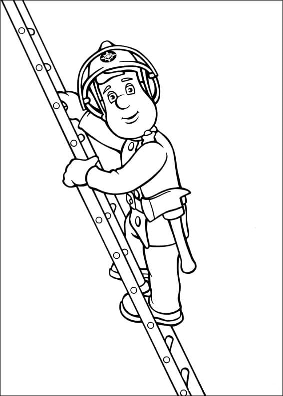 Coloring book Firefighter climbs a ladder printable