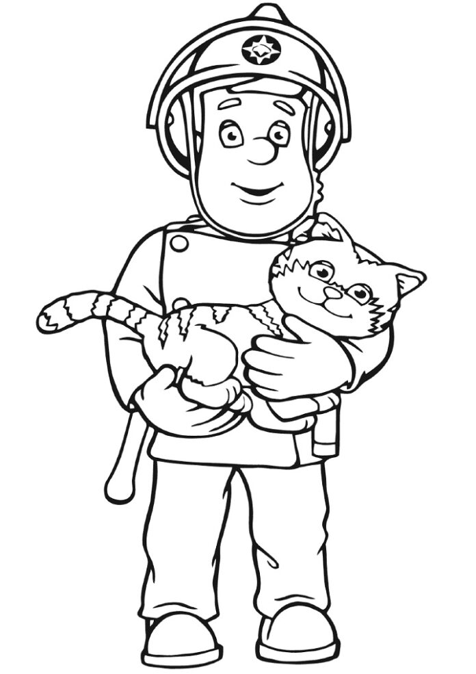 Fireman with cat printable coloring book for kids online