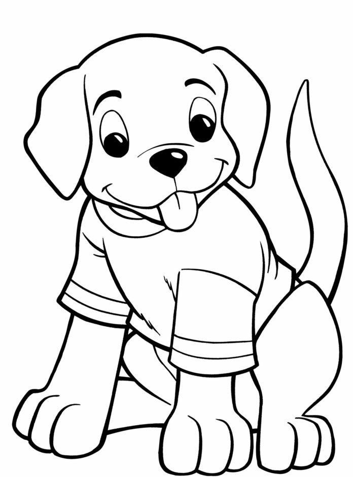 Puppy in clothes coloring book to print