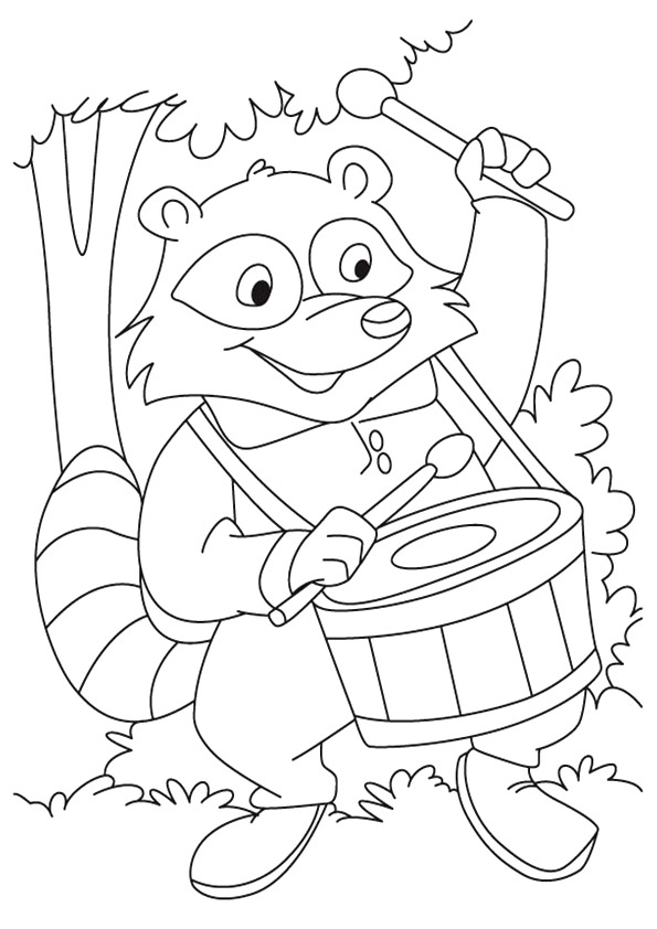 Livro para colorir a pradaria infantil Raccoon com tambor