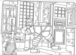 Wallace és Gromit színezőkönyv nyomtatható jelenet a meséből