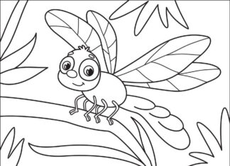 Värityskirja Sudenkorento, jolla on suuret silmät lapsille tulostettavaksi