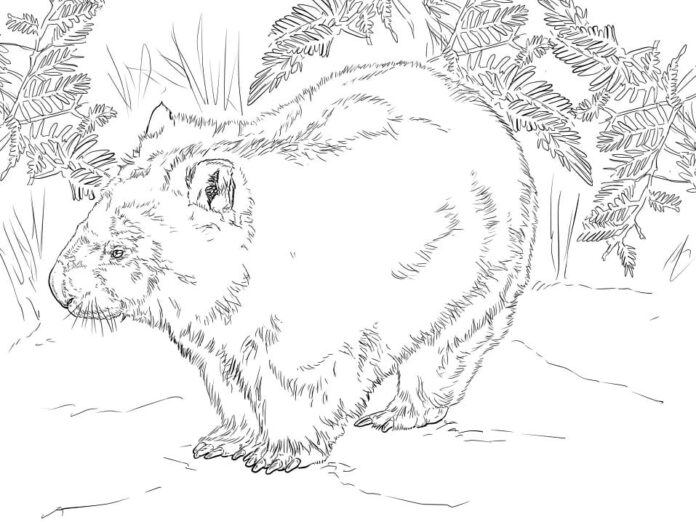 Livro para colorir Wombat entre plantas para as crianças imprimirem