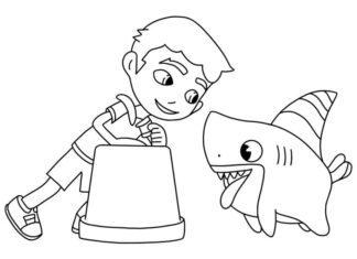 シャークドッグの少年とサメの塗り絵の印刷物