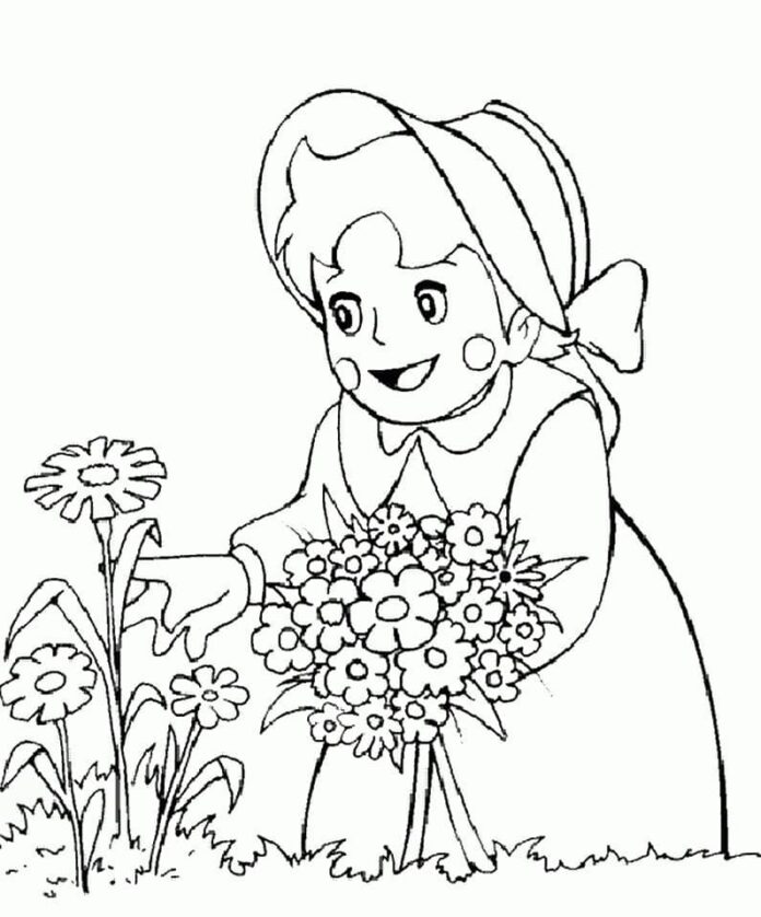 Tulostettava värityskirja, jossa Heidi poimii kukkia niityllä