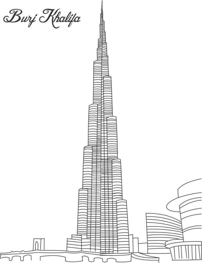 Libro para colorear del Burj Khalifa - El edificio más alto del mundo imprimible Dubai Emiratos Árabes Unidos EAU