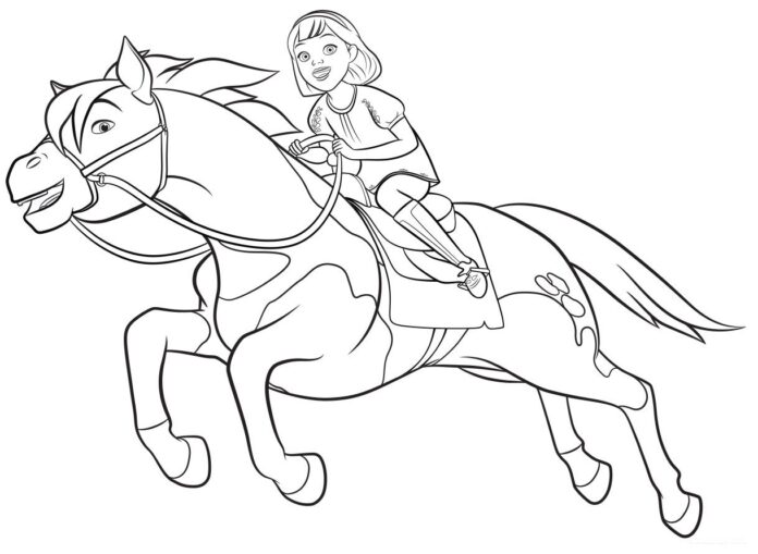 Coloring book Girl and horse at a gallop