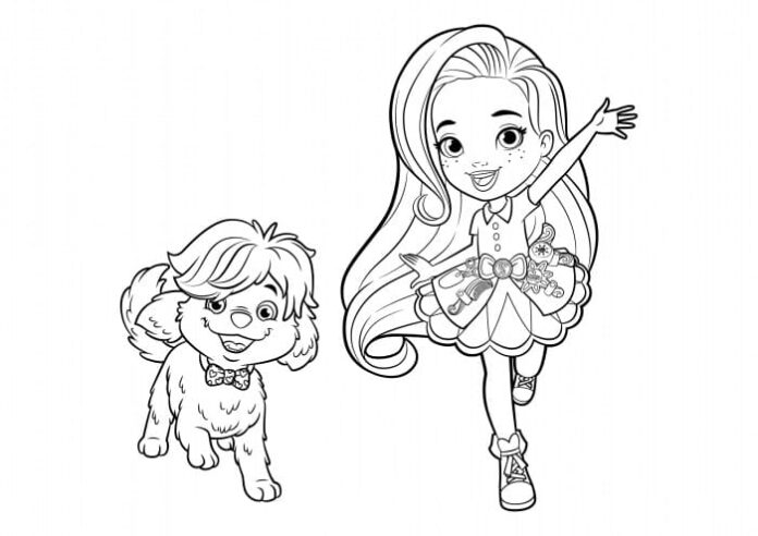 Coloring Book Sunny Girl and Dog Doodle