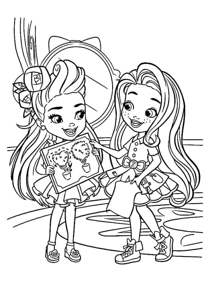 Sunny Day cartoon girls coloring book to print