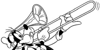 Goofy coloring book plays a musical instrument