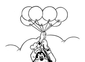 Goofy coloring book flies on balloons