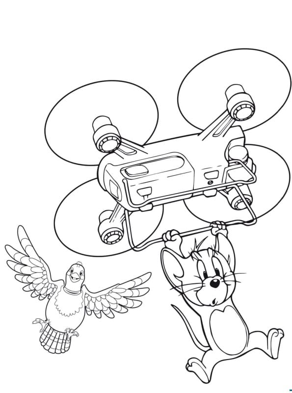 Livre à colorier Jerry sur un drone et un oiseau