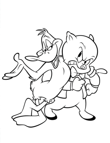Cartoon Duck ja ystävä Porky tulostettava värityskirja