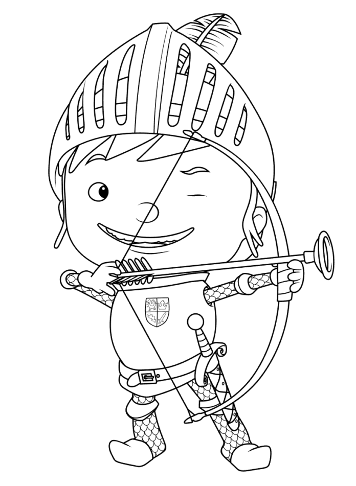 Coloring book Mike the Knight shoots a bow