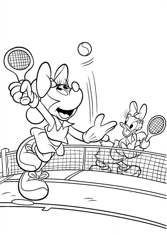 Livre de coloriage Minnie Mouse et Daisy Duck à imprimer pour jouer au tennis.