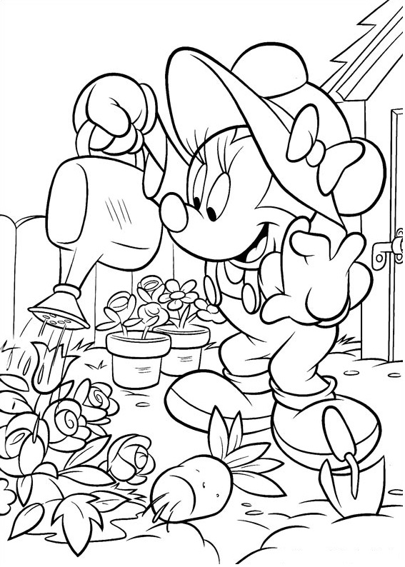 Libro da colorare di Minnie Mouse che innaffia i fiori stampabile per bambini