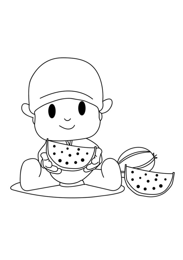 Målarbok Pocoyo äter vattenmelon